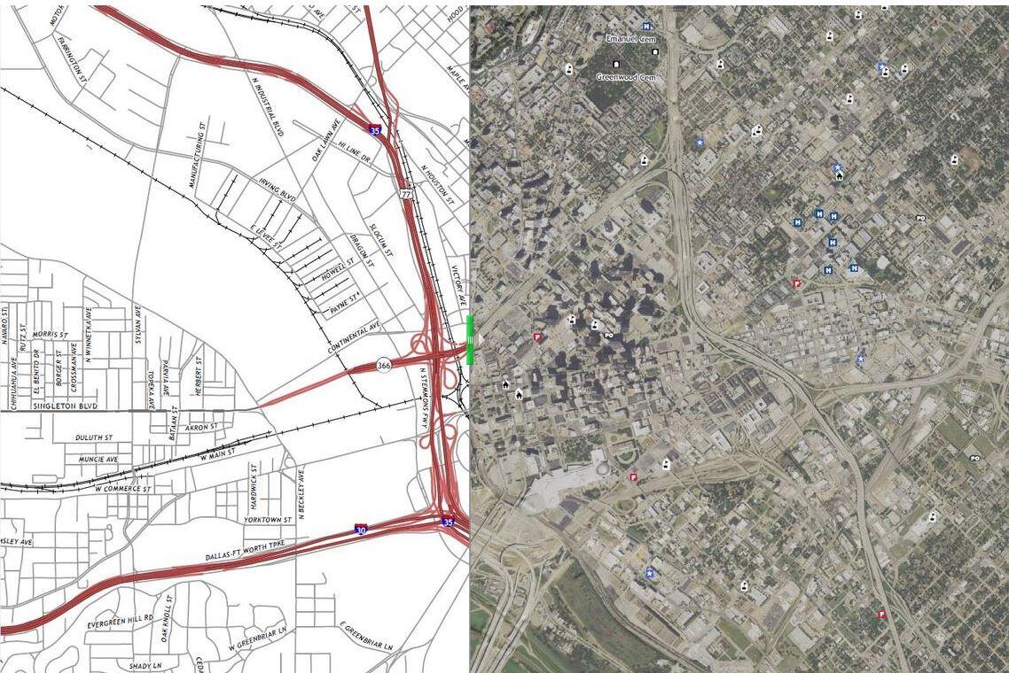 service-1 before after image depicting transportation structures orthoimagery on 2019 us topo of dallas